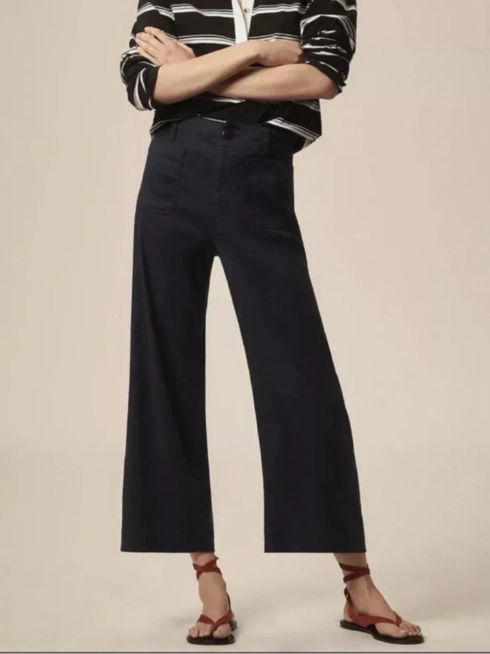 New Anthropologie The Colette Linen Crop Wide-Leg Pants Black 31